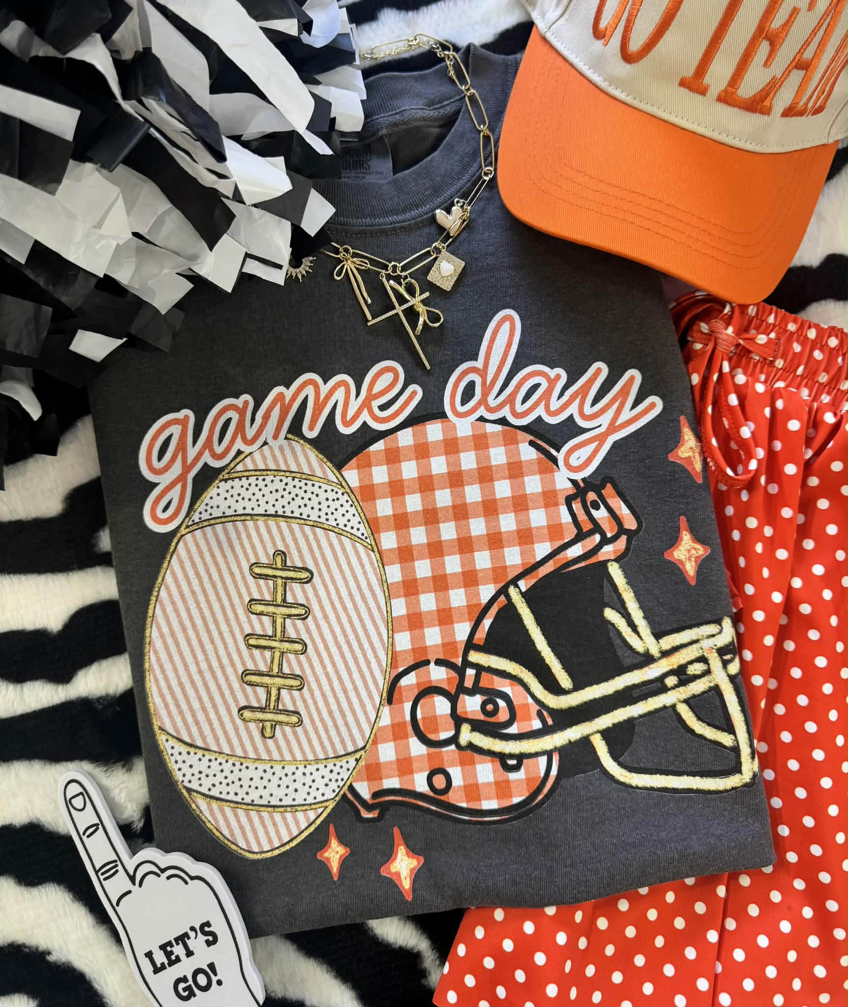 GAME DAY ORANGE GINGHAM HELMET TEE