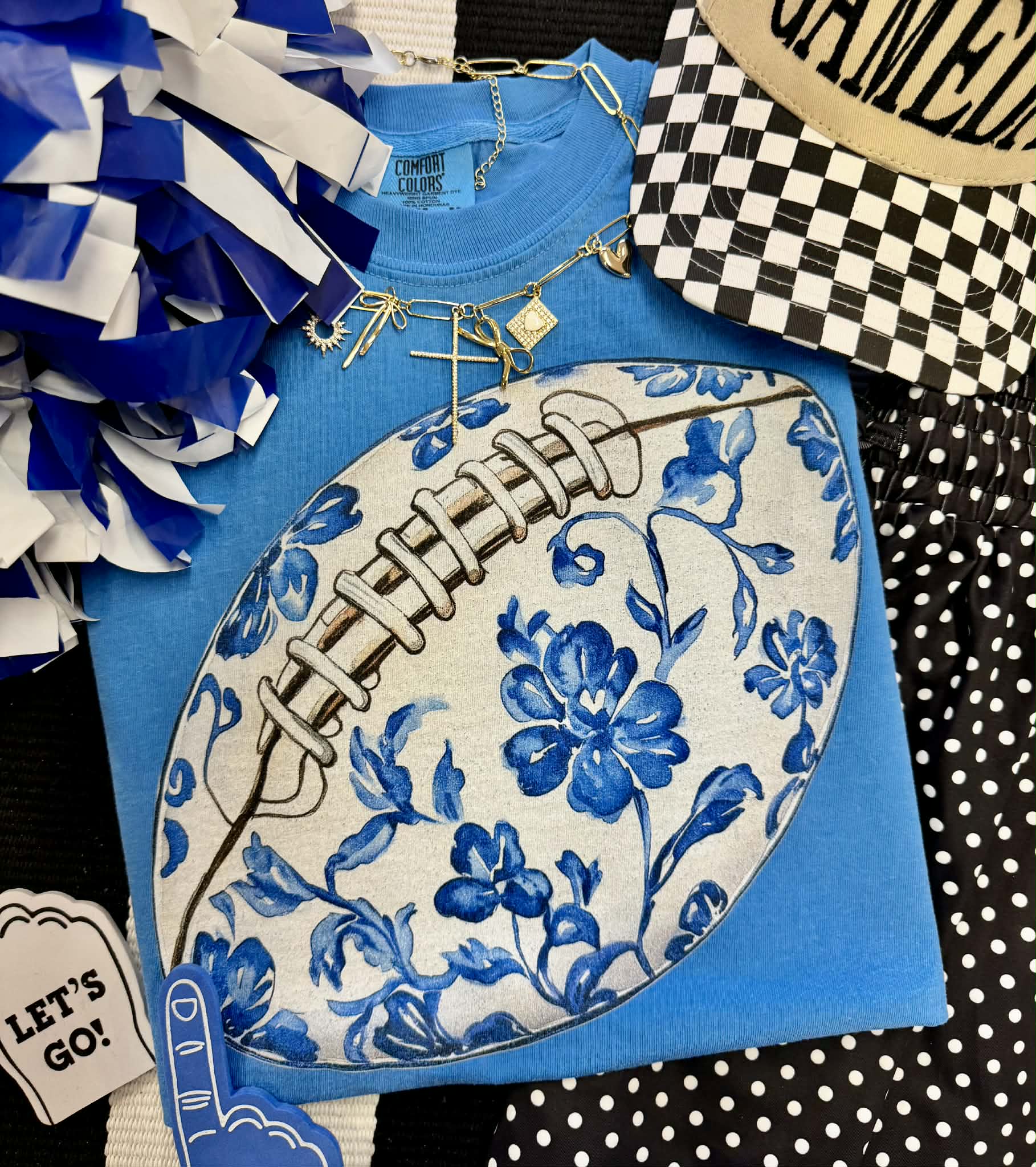 BLUE FLORALS FOOTBALL TEE