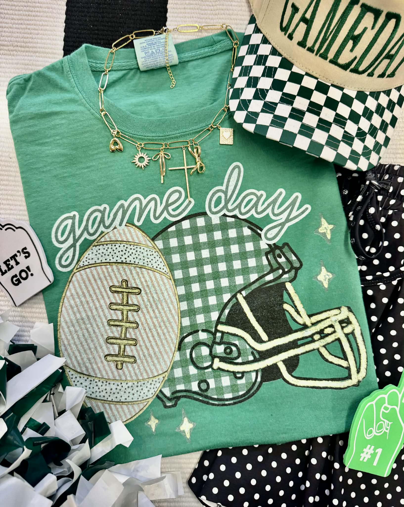 GAME DAY GREEN GINGHAM HELMET TEE