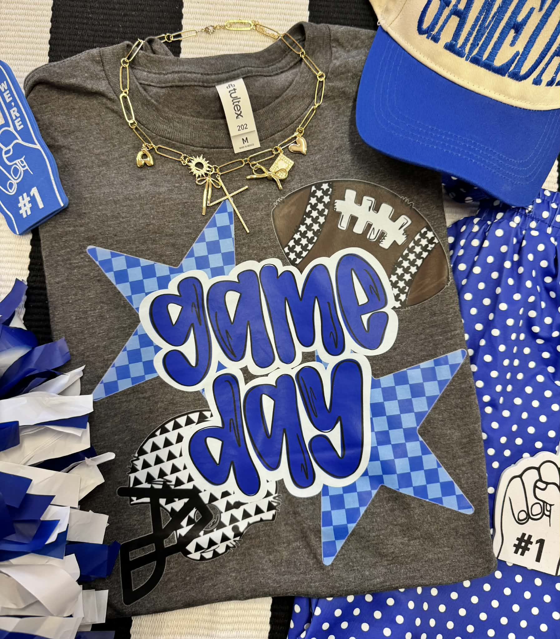 GAME DAY BLUE CHECKERED STARS TEE